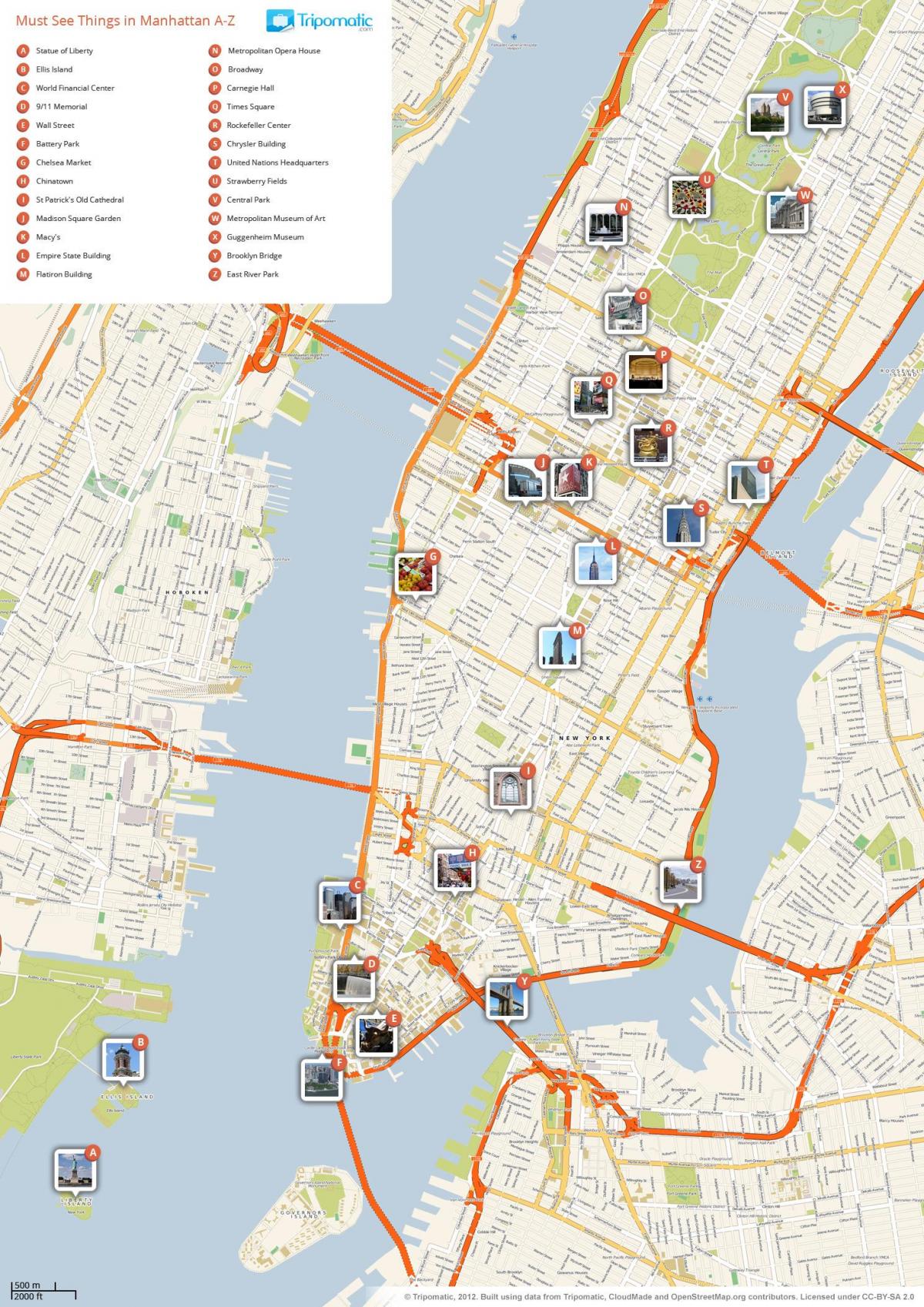 mappa di Manhattan mostrando attrazioni turistiche