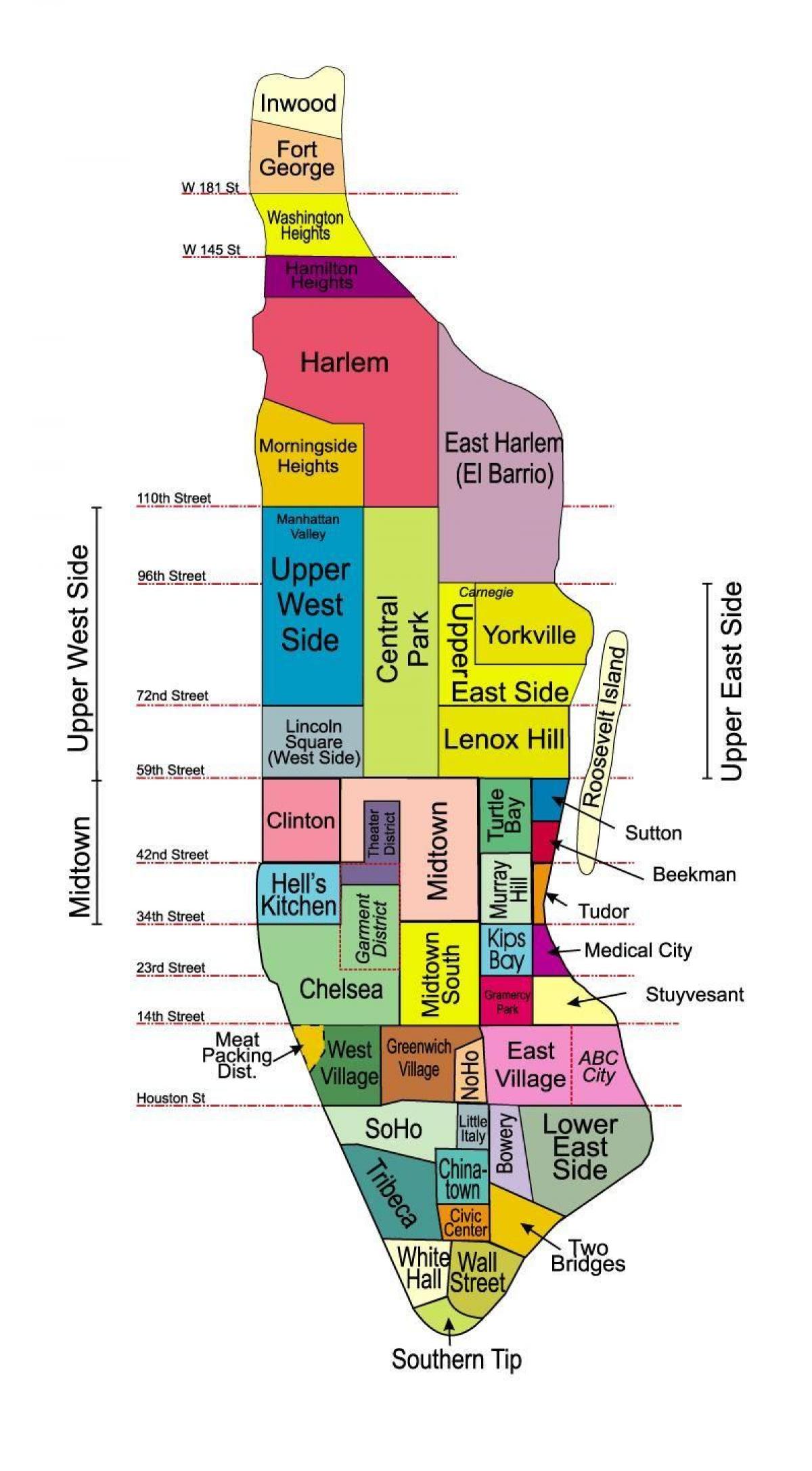 la mappa dei quartieri di Manhattan
