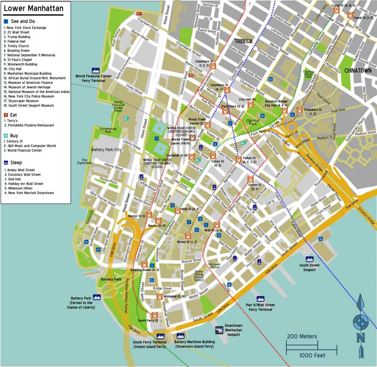 mappa di lower Manhattan con i nomi delle strade